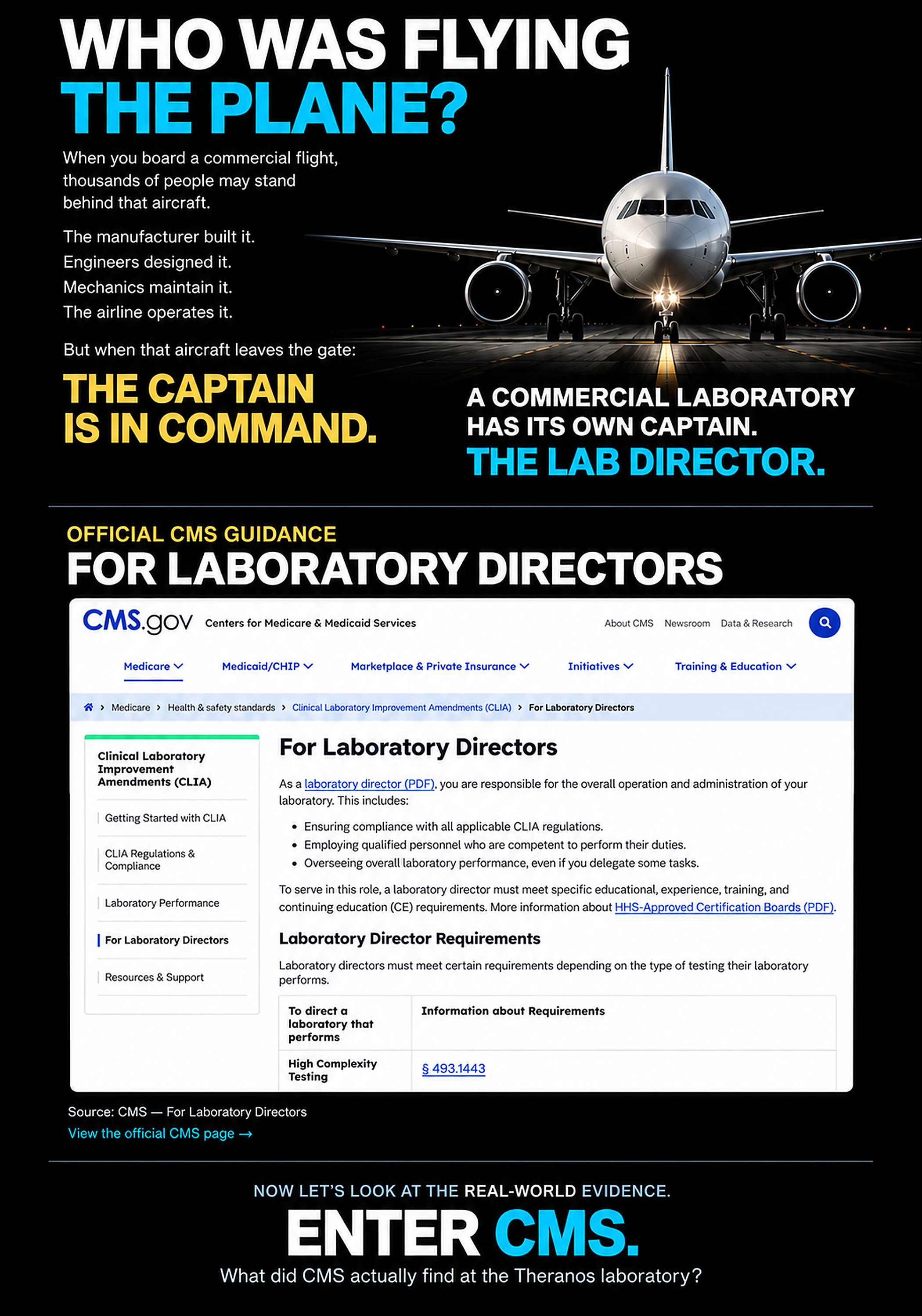 Who was flying the plane? Captain and laboratory director analogy with official CMS laboratory director guidance