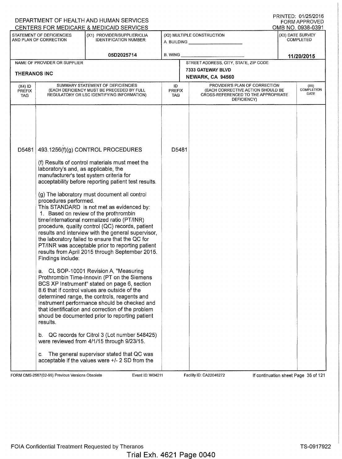 CMS deficiency D5481 Control Procedures