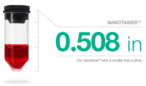 Theranos Nanotainer shown as 0.508 inches tall and smaller than a dime