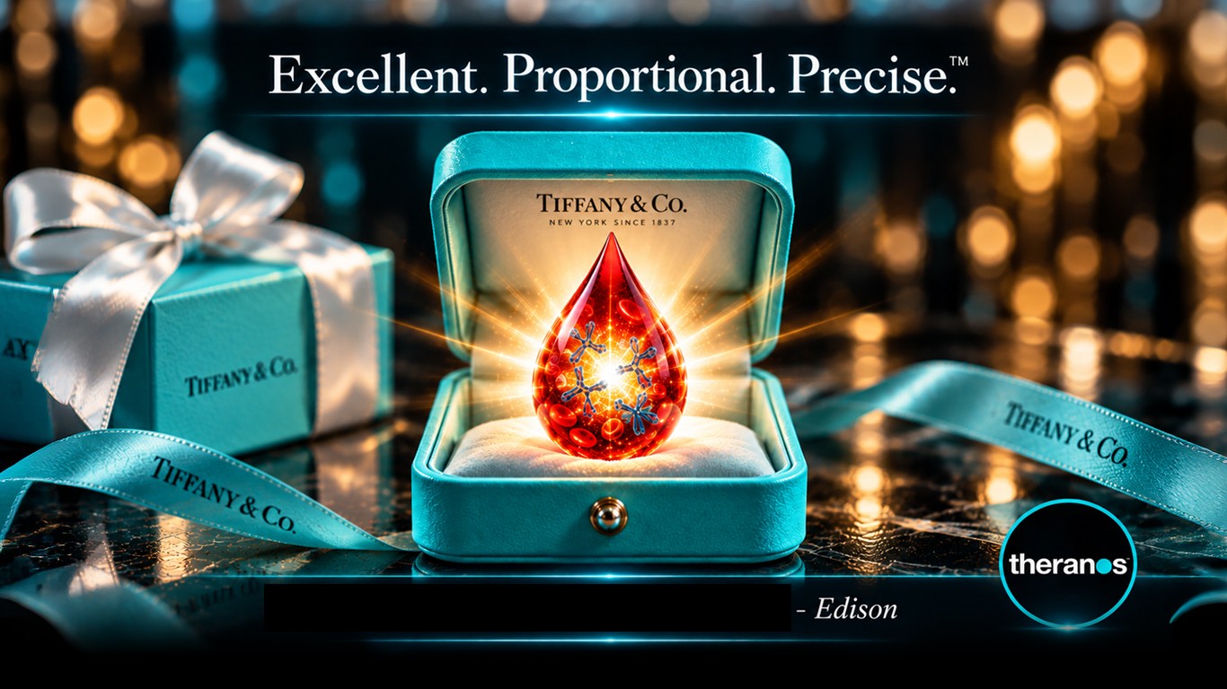 Excellent. Proportional. Precise. A glowing blood drop in a Tiffany ring box