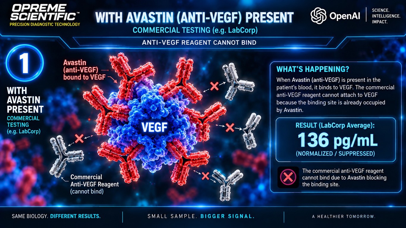 With Avastin present, commercial testing: anti-VEGF reagent cannot bind. LabCorp average 136 pg/mL