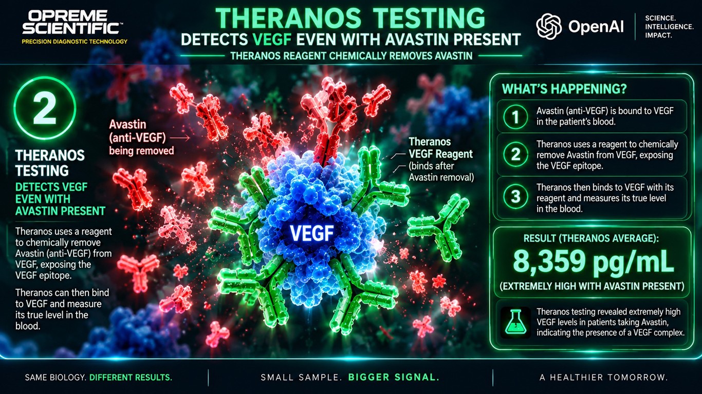 Theranos testing detects VEGF even with Avastin present. Theranos average 8,359 pg/mL
